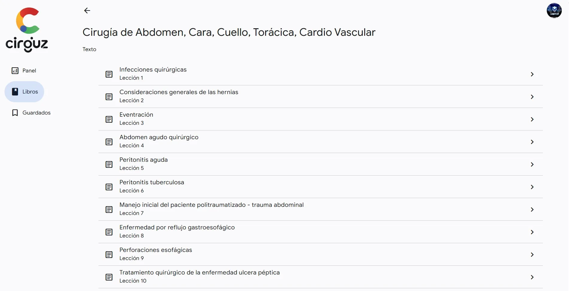 CirGuZ - Vista de lecciones de cirugía