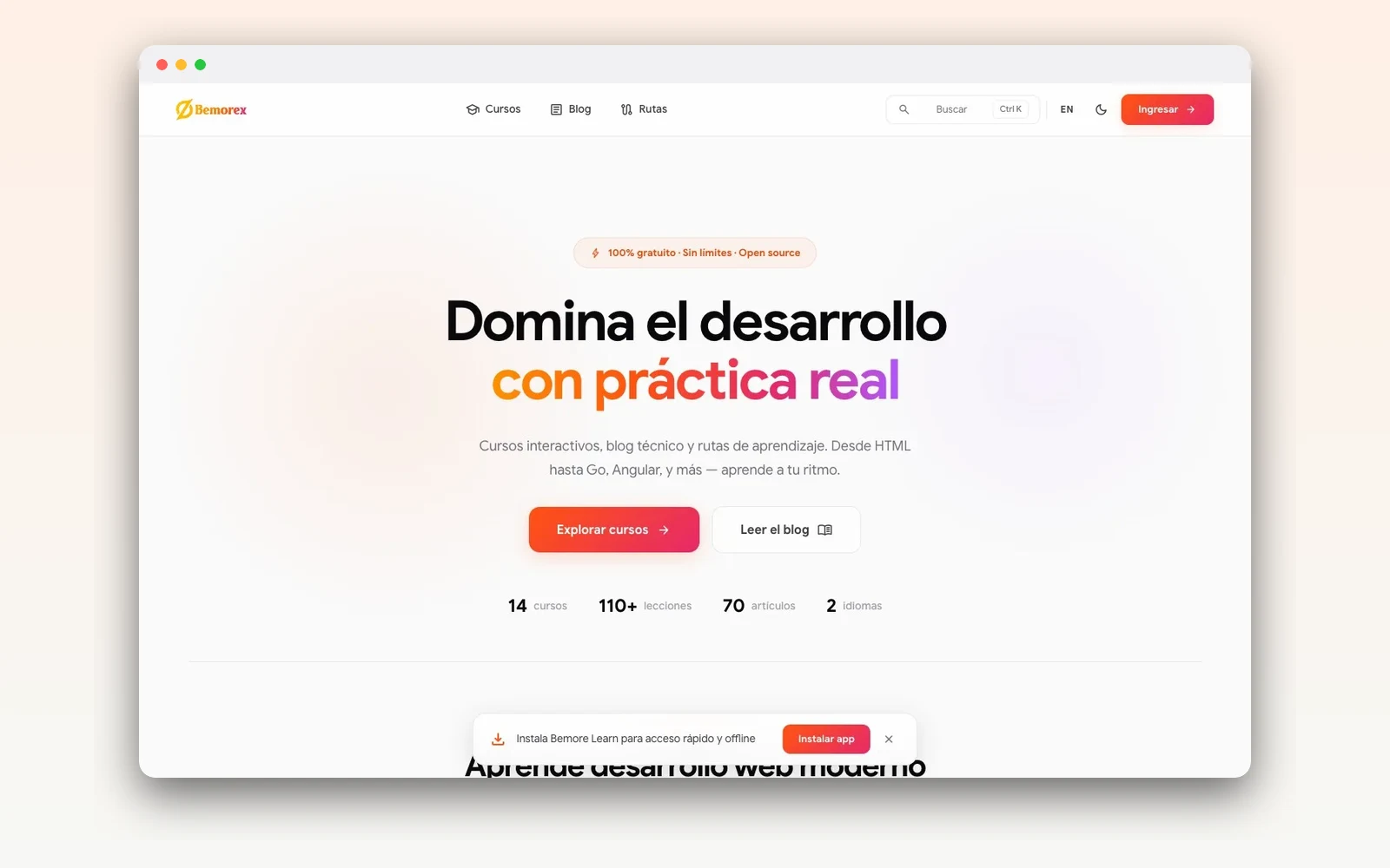 Bemorex Learn — Plataforma de aprendizaje — vista principal