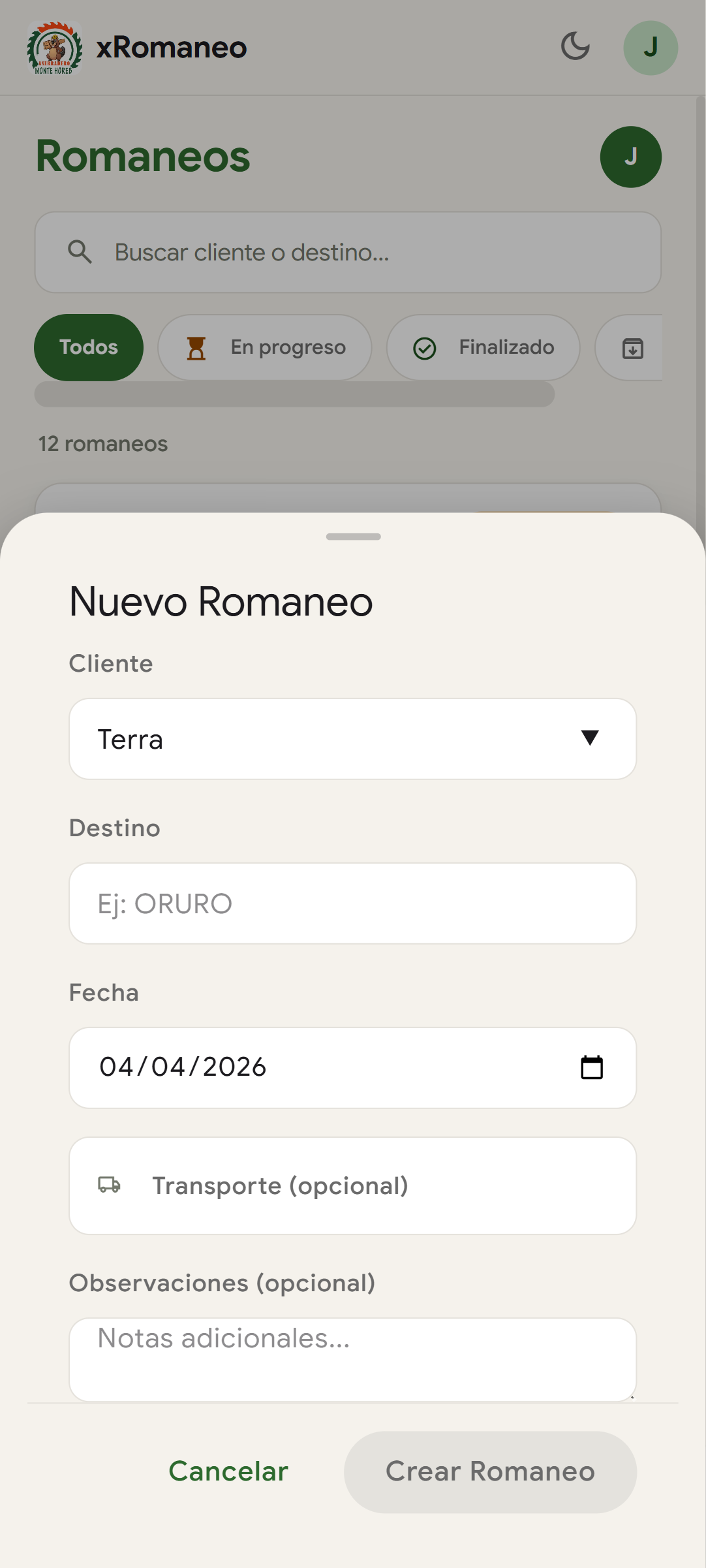 Romaneo - Celular pantalla de inicio