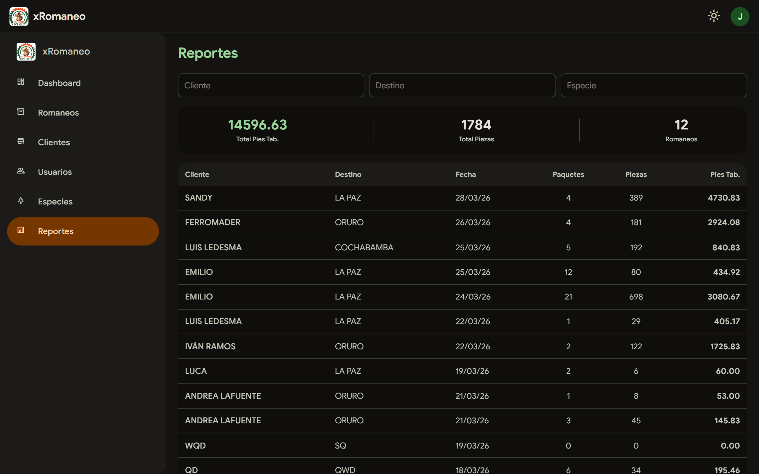 Romaneo - Laptop reporte modo oscuro
