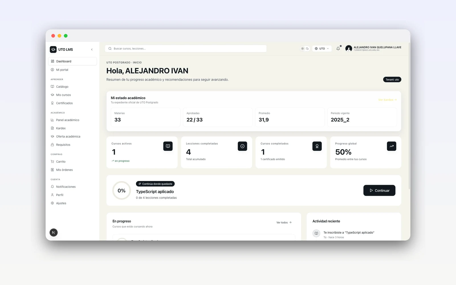 UTO Learn — LMS de postgrado — vista principal