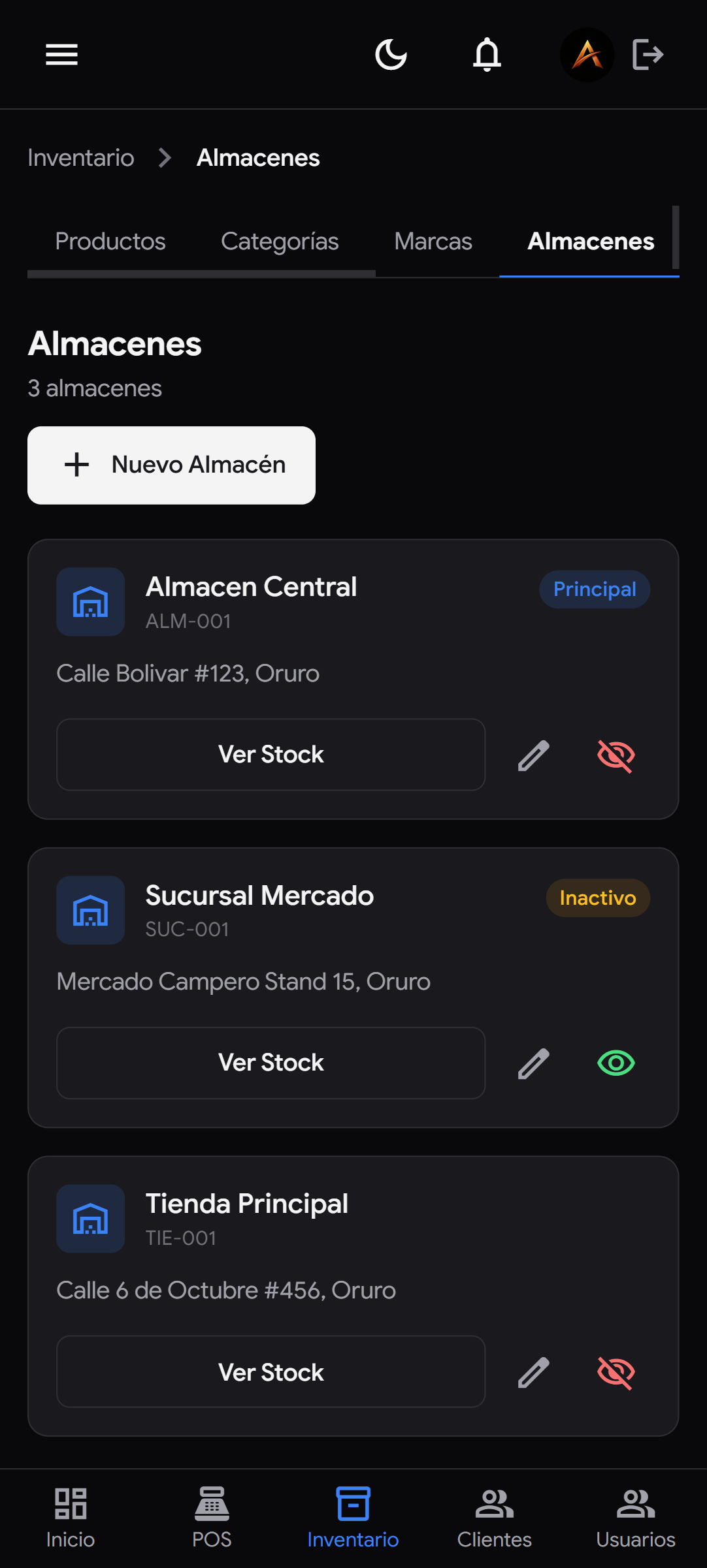 venture-celular-almacenes-black — Lista de almacenes en modo oscuro