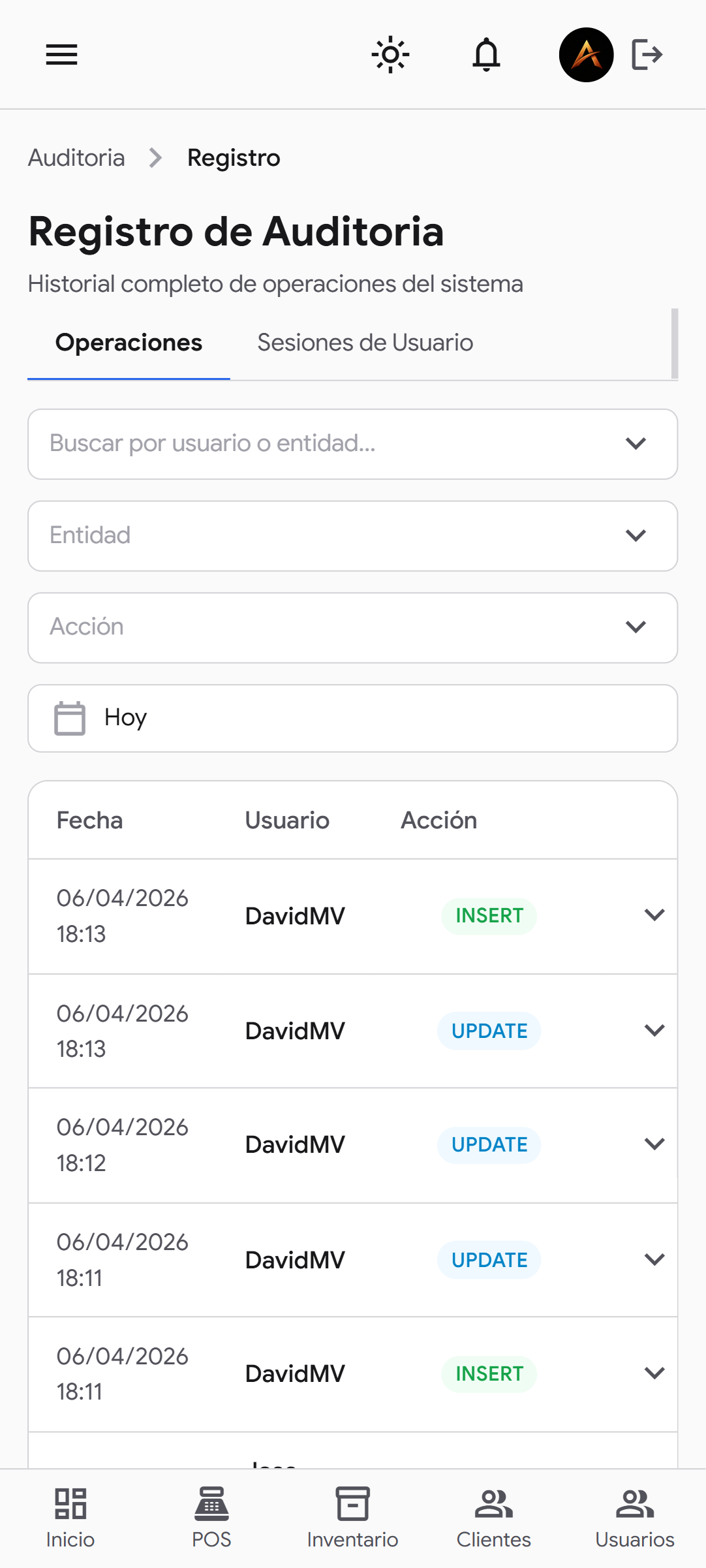 venture-celular-auditoria-white — Registro de auditoría en modo claro