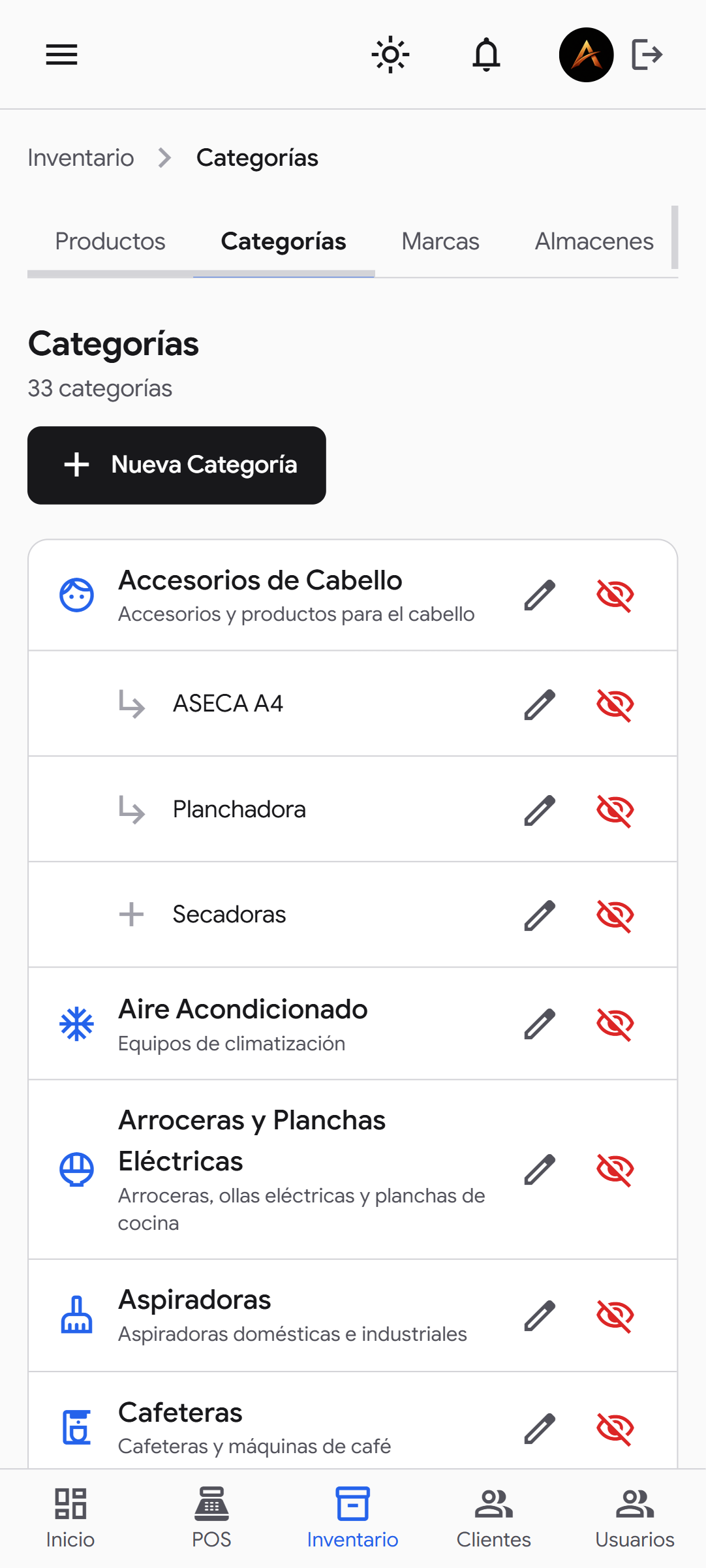 venture-celular-categorias-white — Gestión de categorías en modo claro