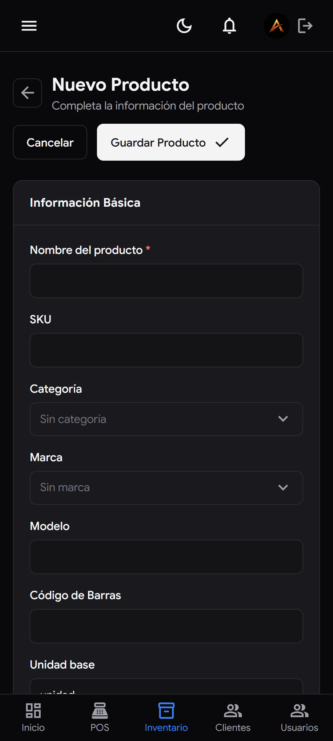 venture-celular-productoform-black — Formulario de producto en modo oscuro