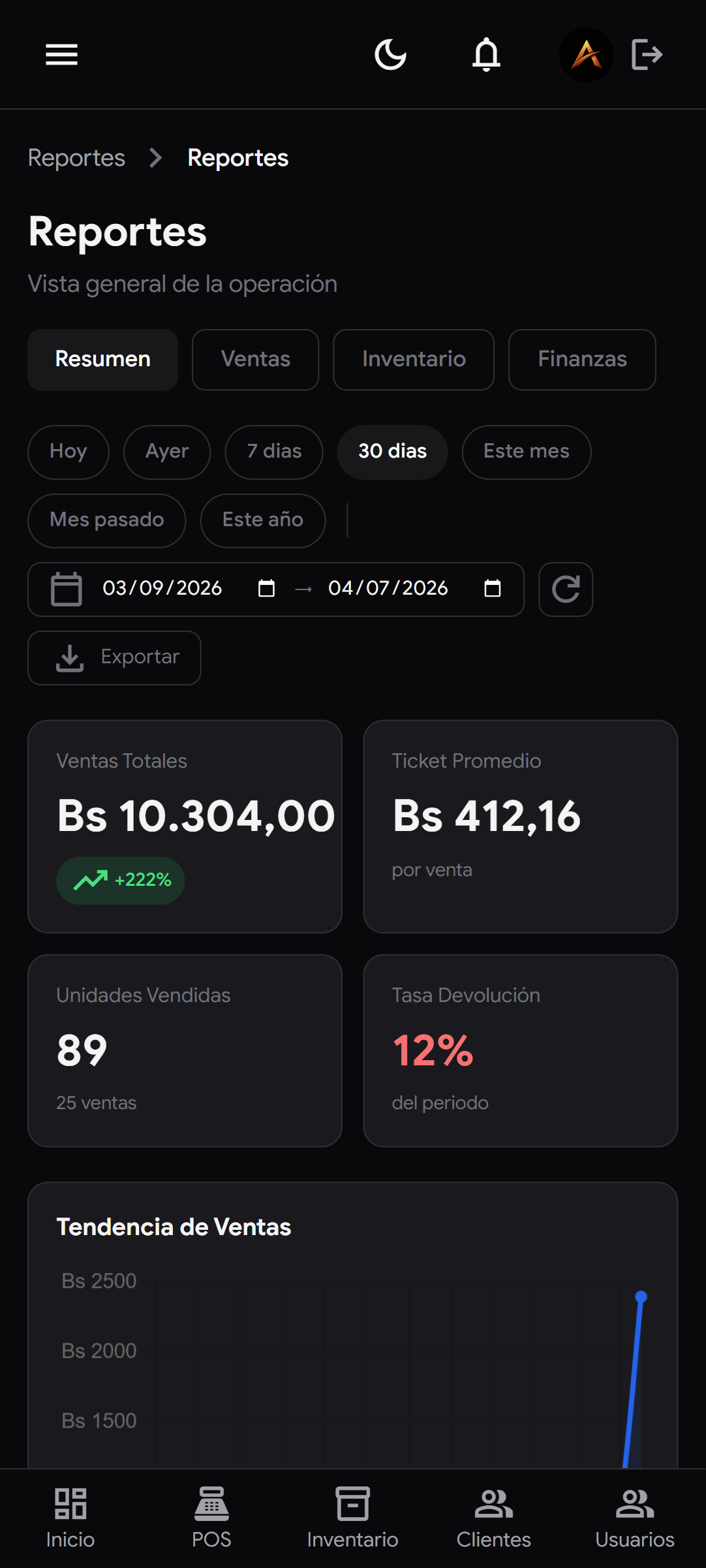 venture-celular-reporte-black — Vista de reportes en modo oscuro
