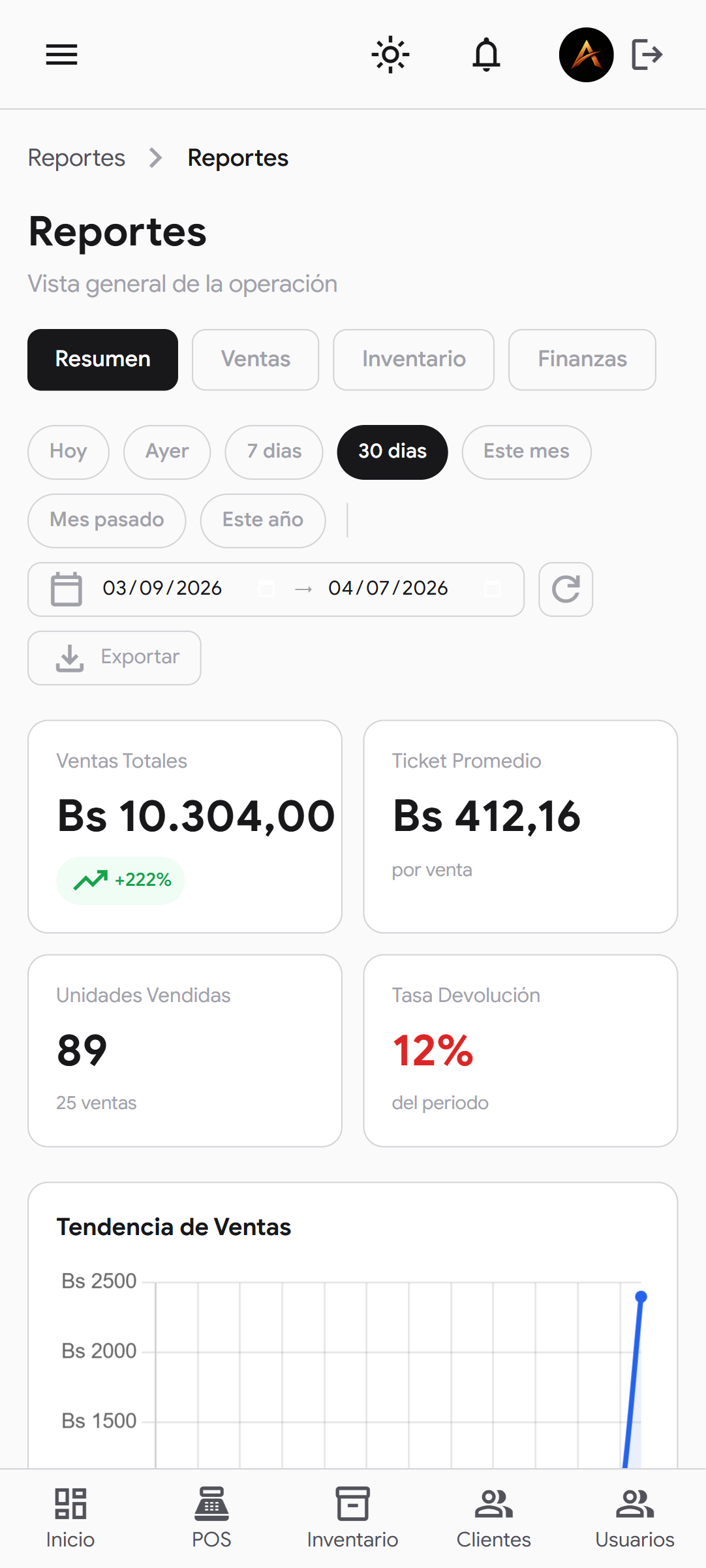 venture-celular-reporte-white — Vista de reportes en modo claro