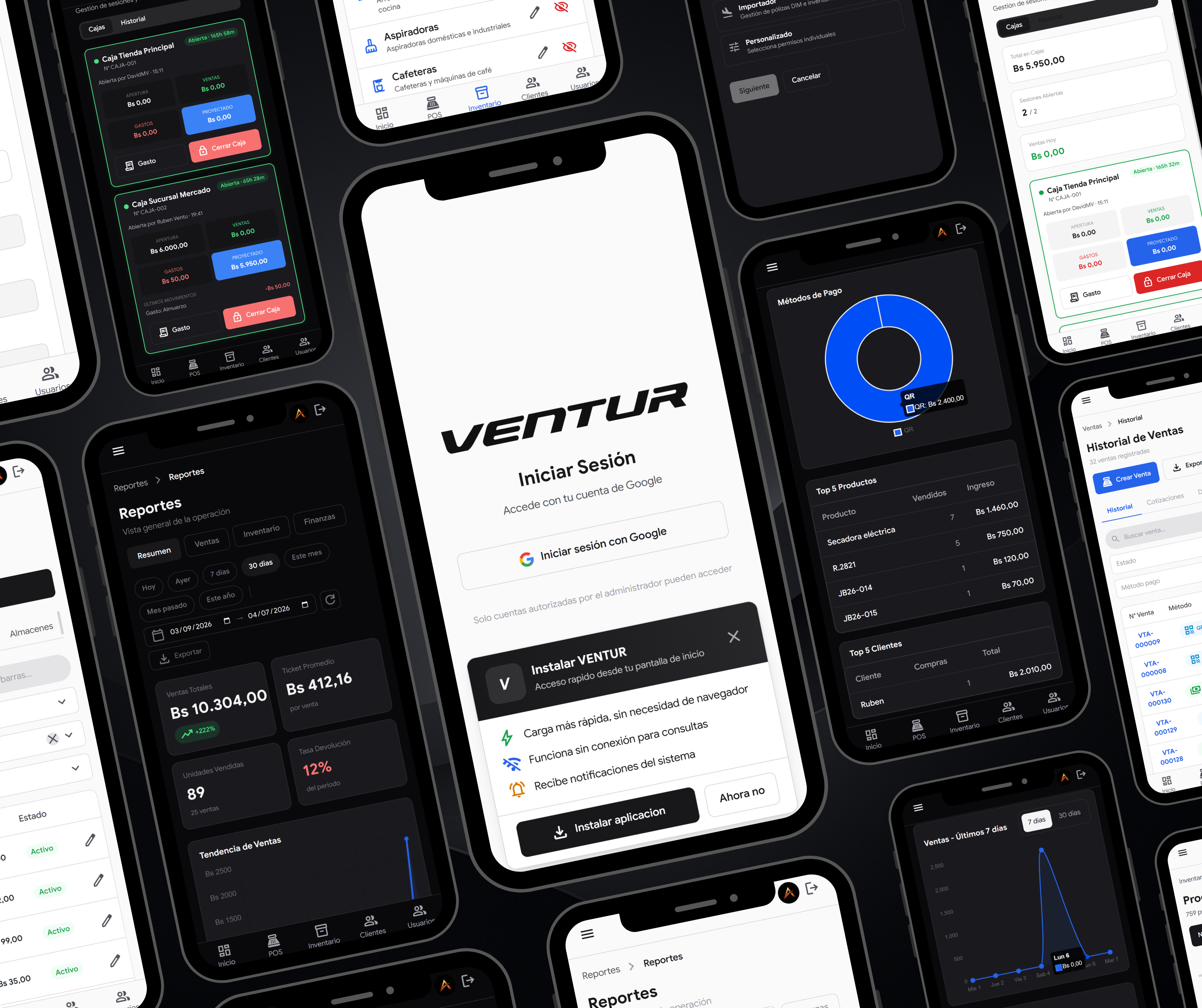 venture-celulares — Vistas del sistema en dispositivos móviles