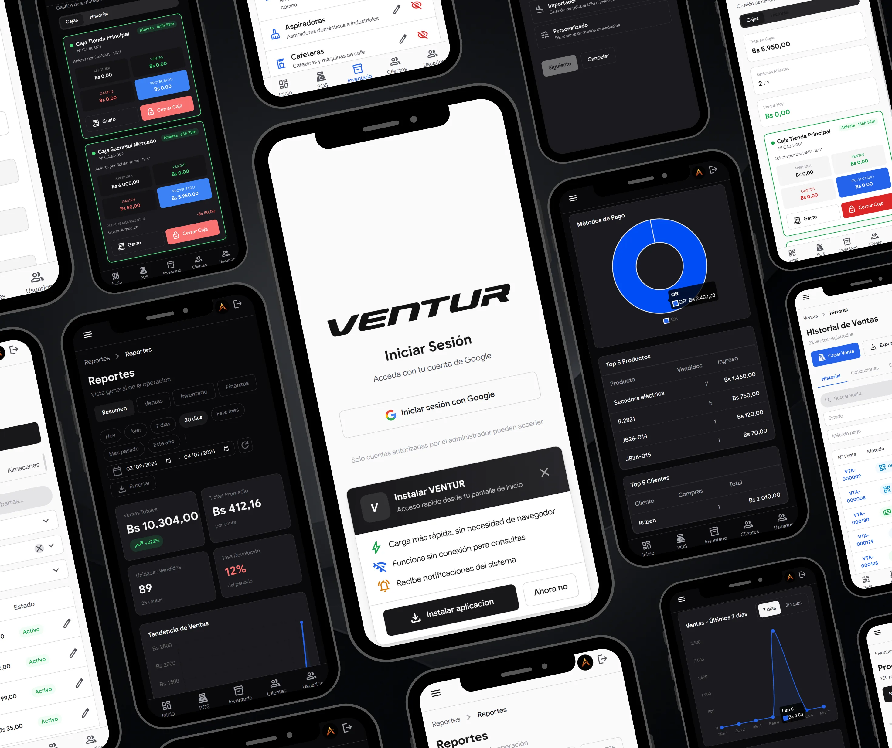 venture-celulares — Vistas del sistema en dispositivos móviles