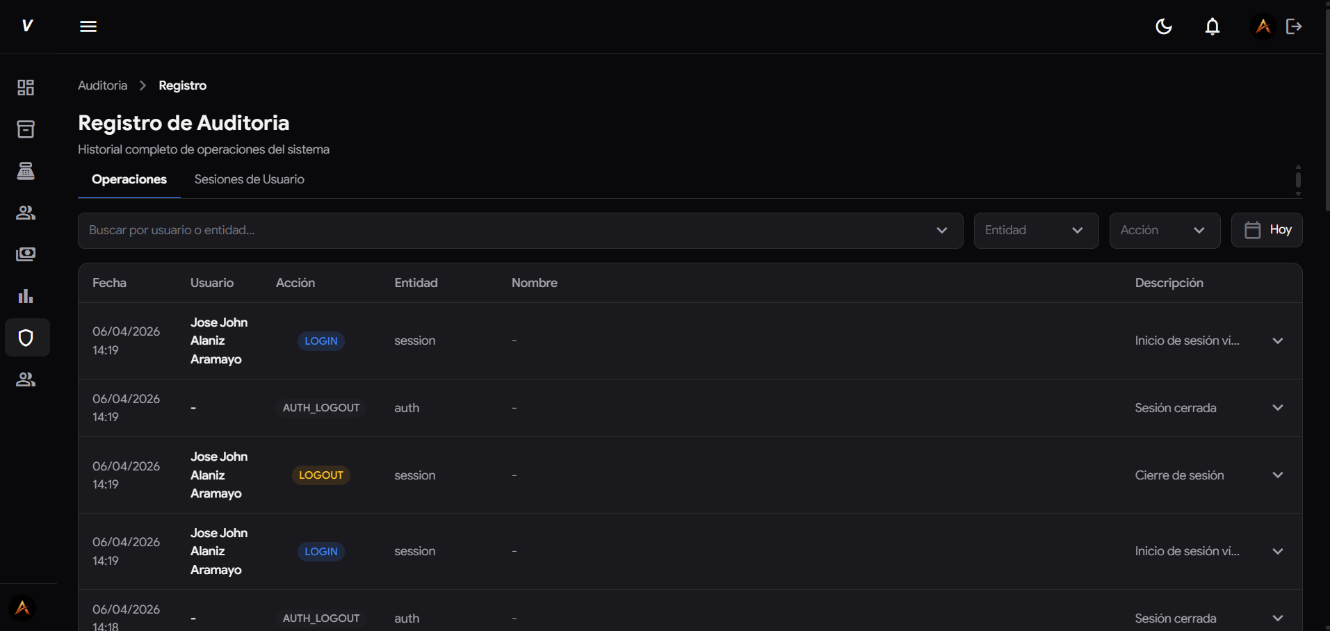 venture-laptop-auditoria-black — Panel de auditoría en modo oscuro