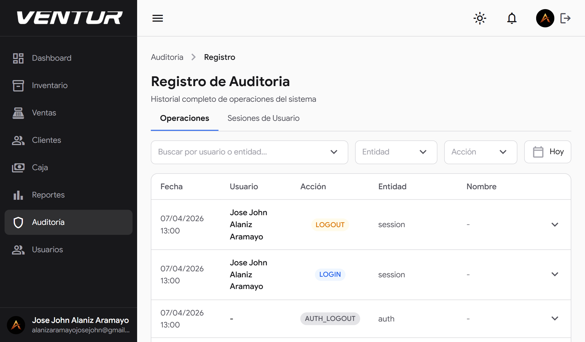 venture-laptop-clientes-black — Gestión de clientes en modo oscuro