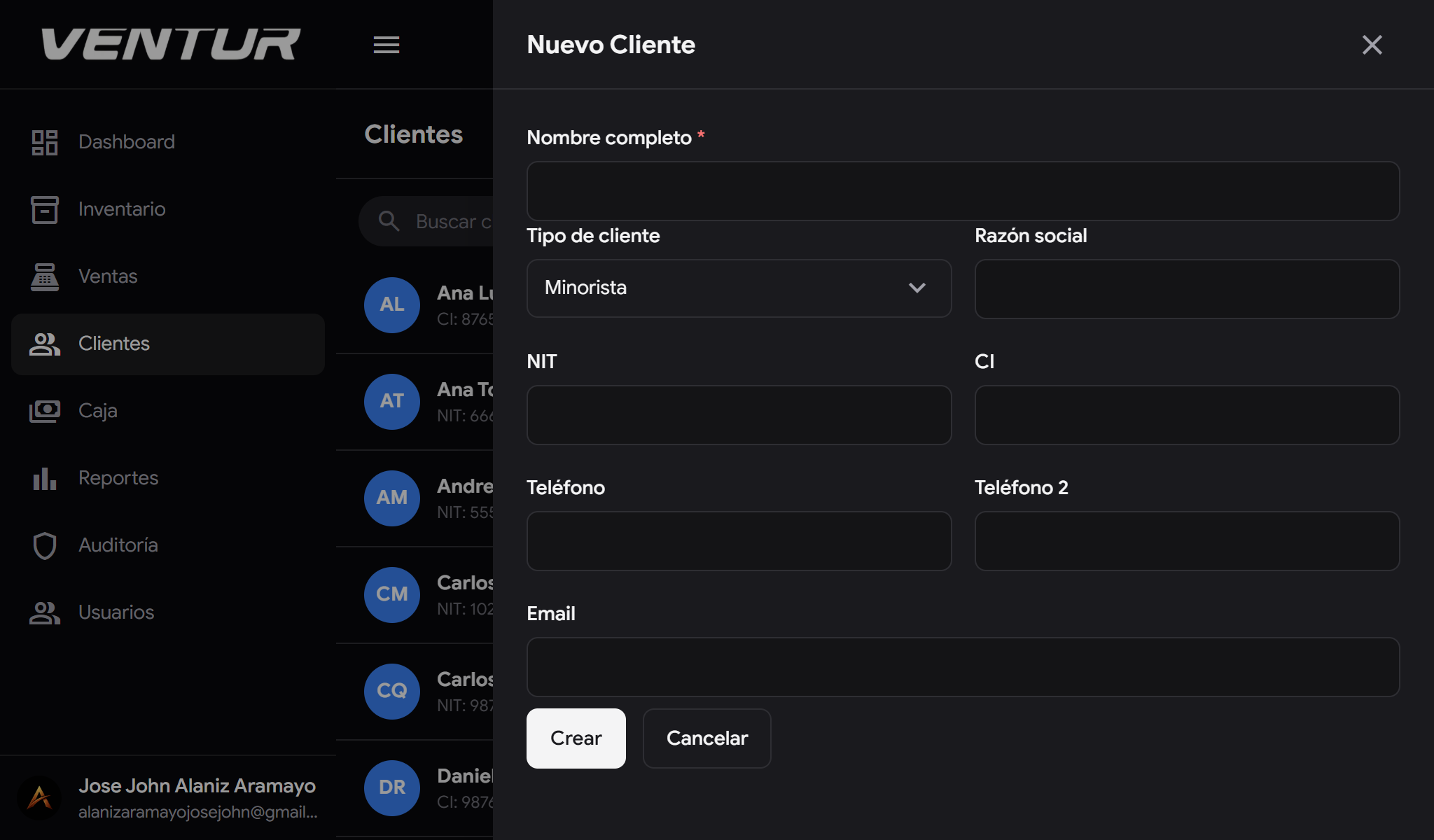 venture-laptop-clientes-black — Gestión de clientes en modo oscuro