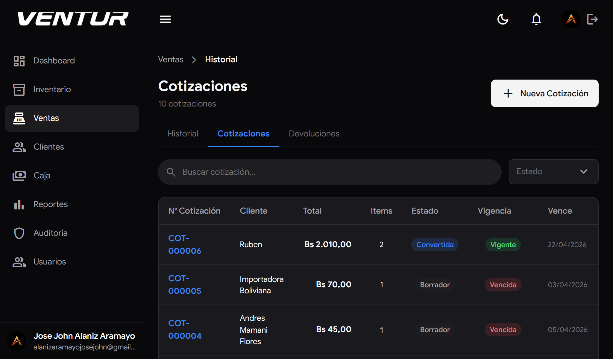 venture-laptop-cotizaciones-black — Pipeline de cotizaciones en modo oscuro
