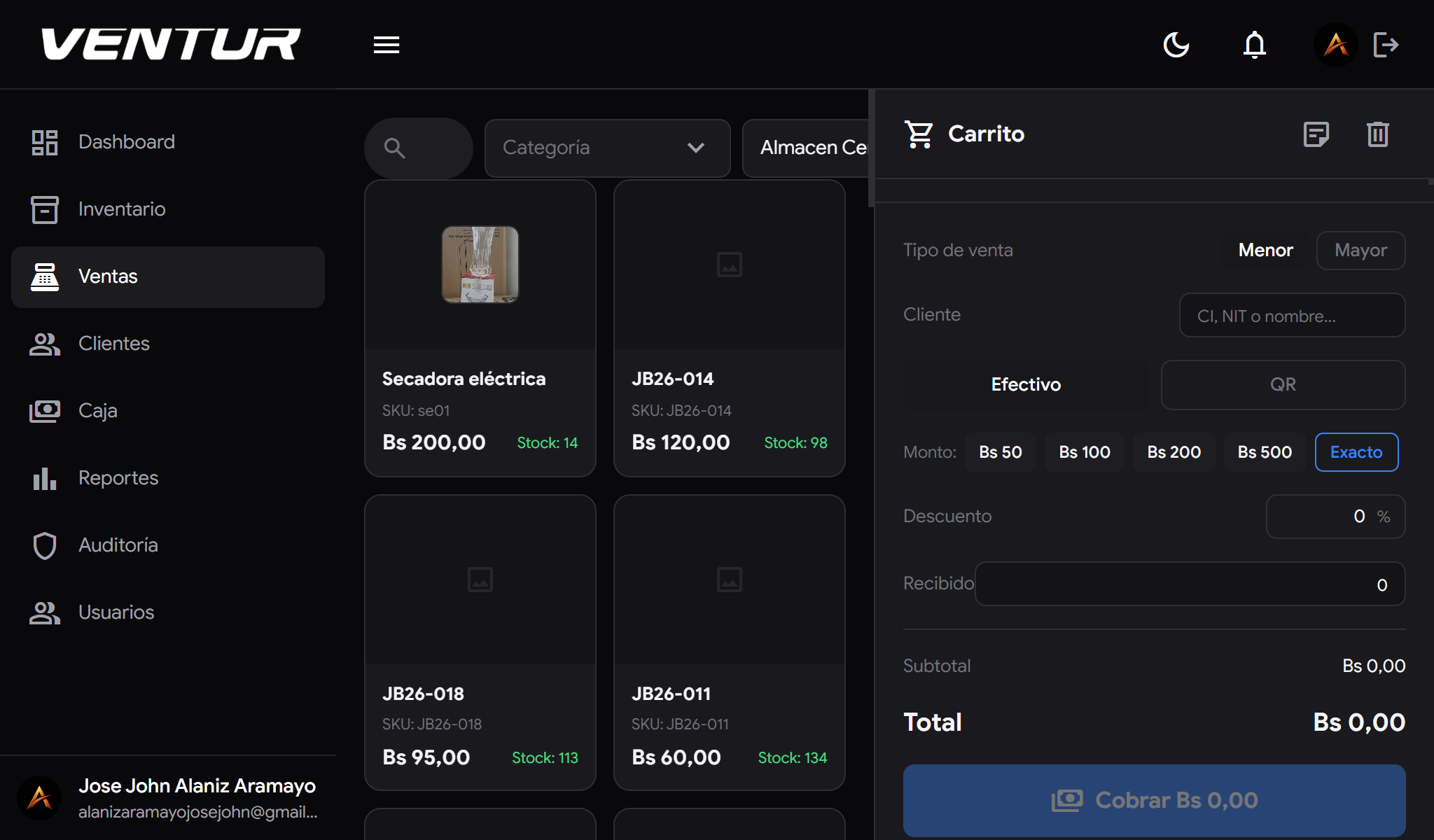 venture-laptop-venta-black — Pantalla de punto de venta en modo oscuro