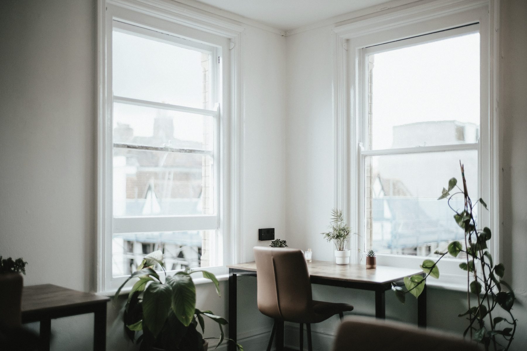 A bright room with two tall windows