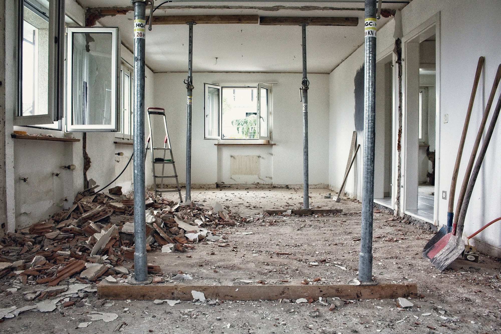 Renovation site with props and rubble