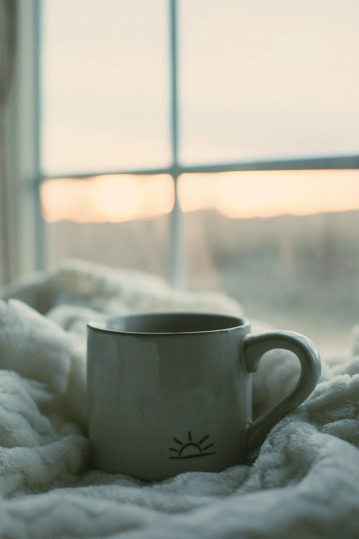 A mug on a blanket by a window at sunrise