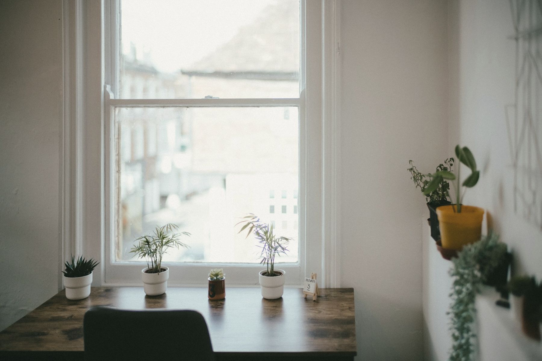 A desk in our San Sebastián office under a tall window