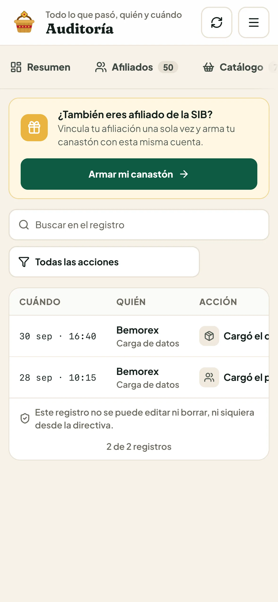 Canastón SIB en el celular: auditoría