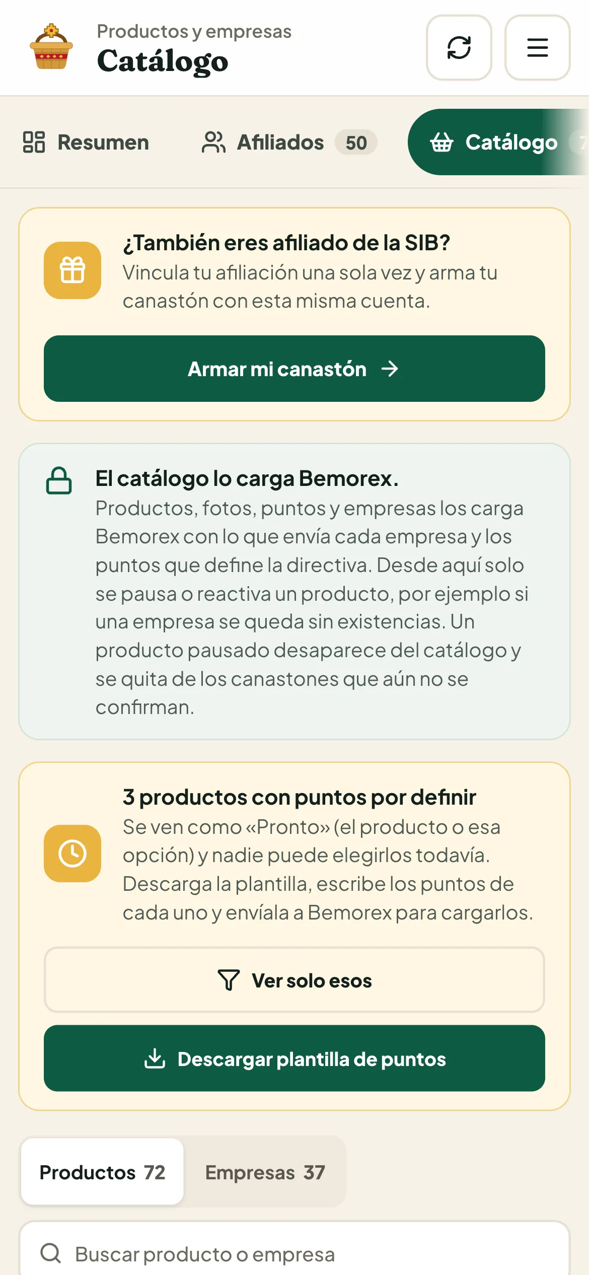 Canastón SIB en el celular: catálogo del panel