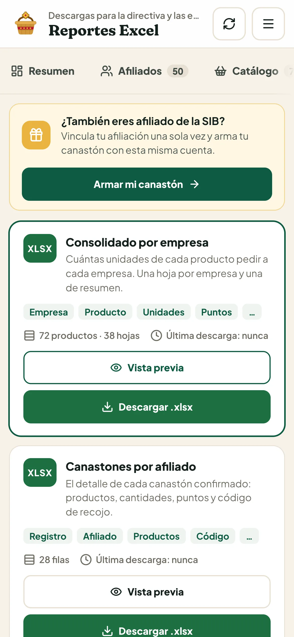 Canastón SIB en el celular: reportes en Excel