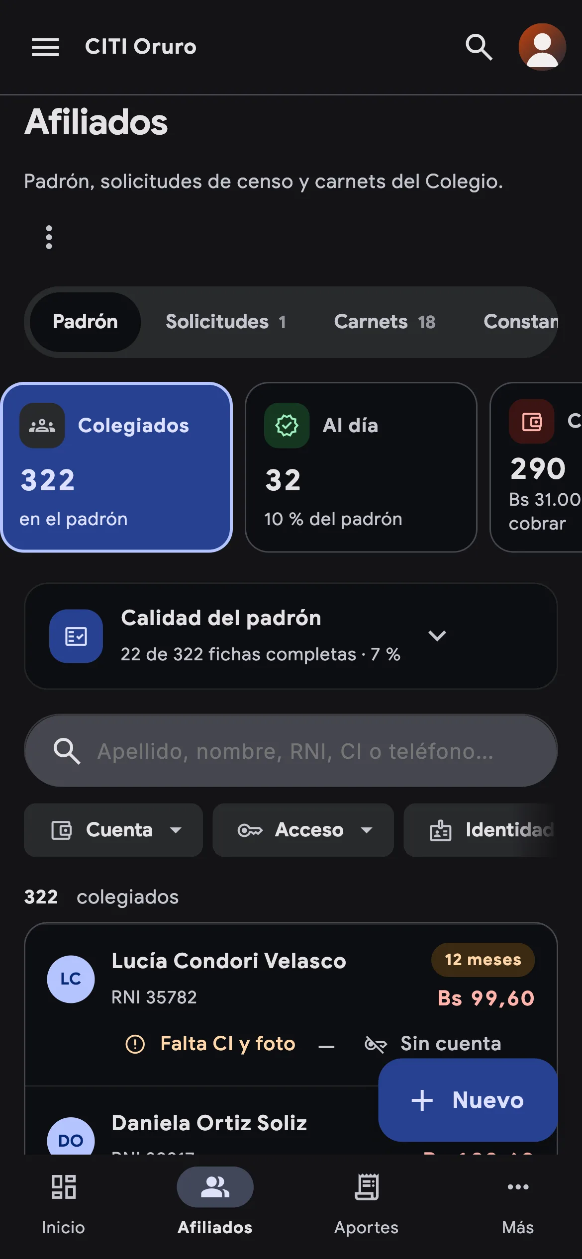 Panel del CITI Oruro en modo oscuro: padrón