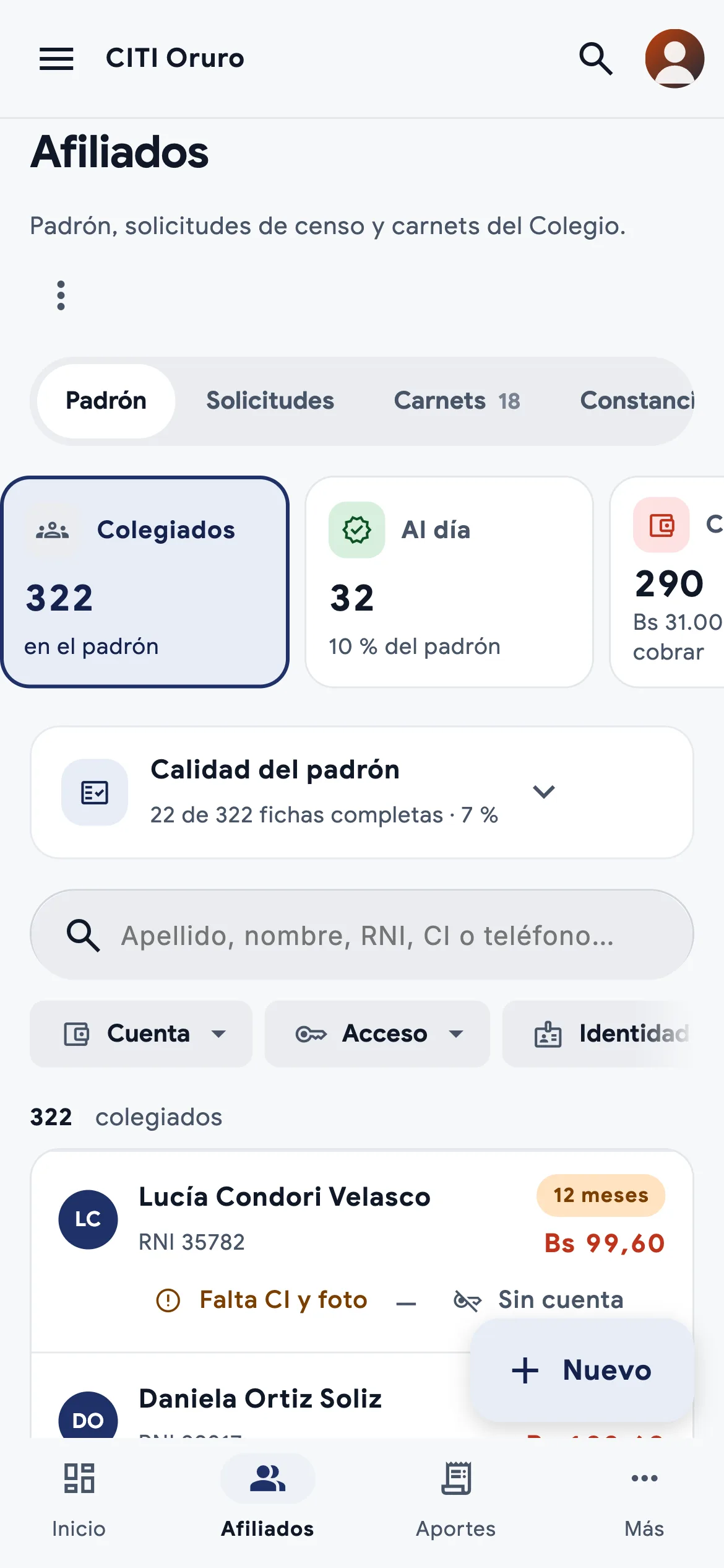 Panel del CITI Oruro en modo claro: padrón
