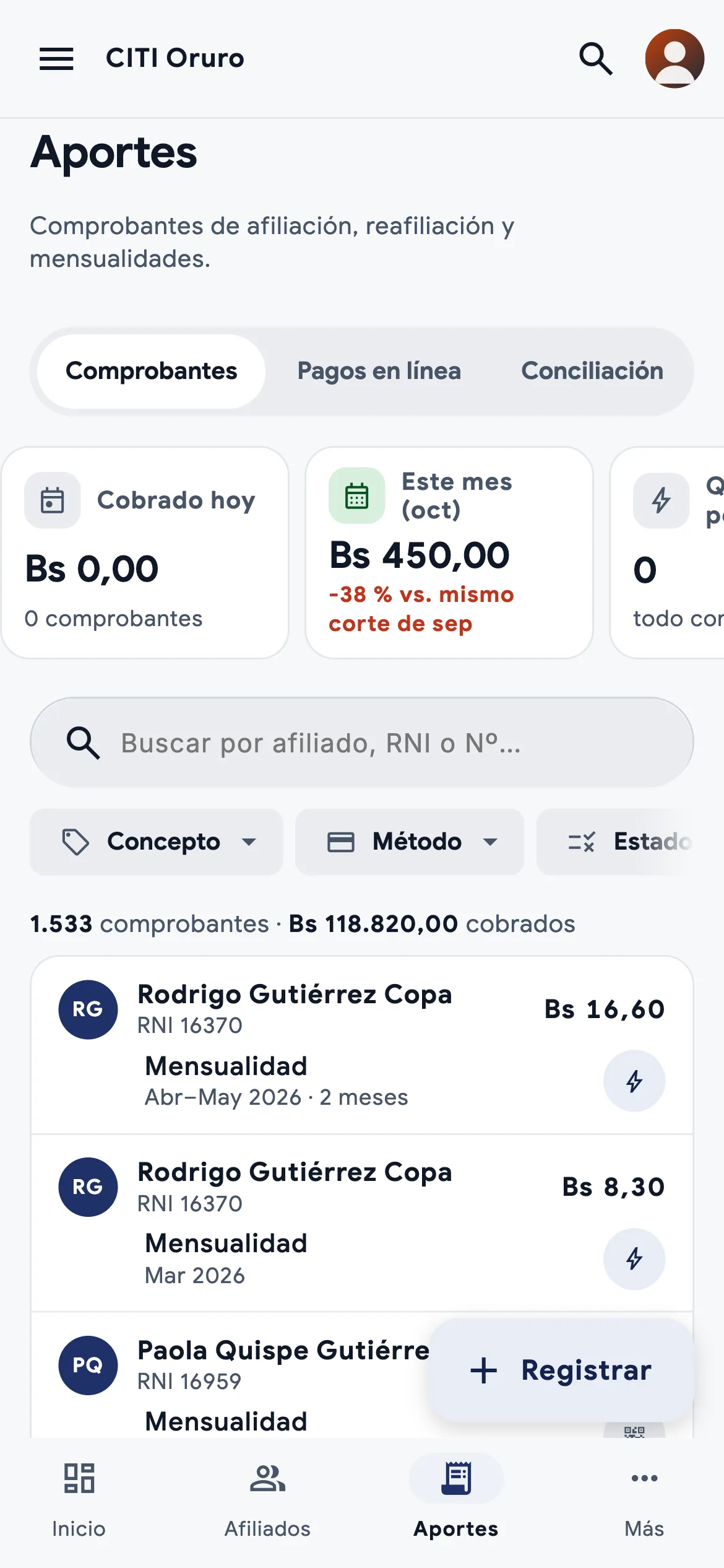 Panel del CITI Oruro en modo claro: aportes