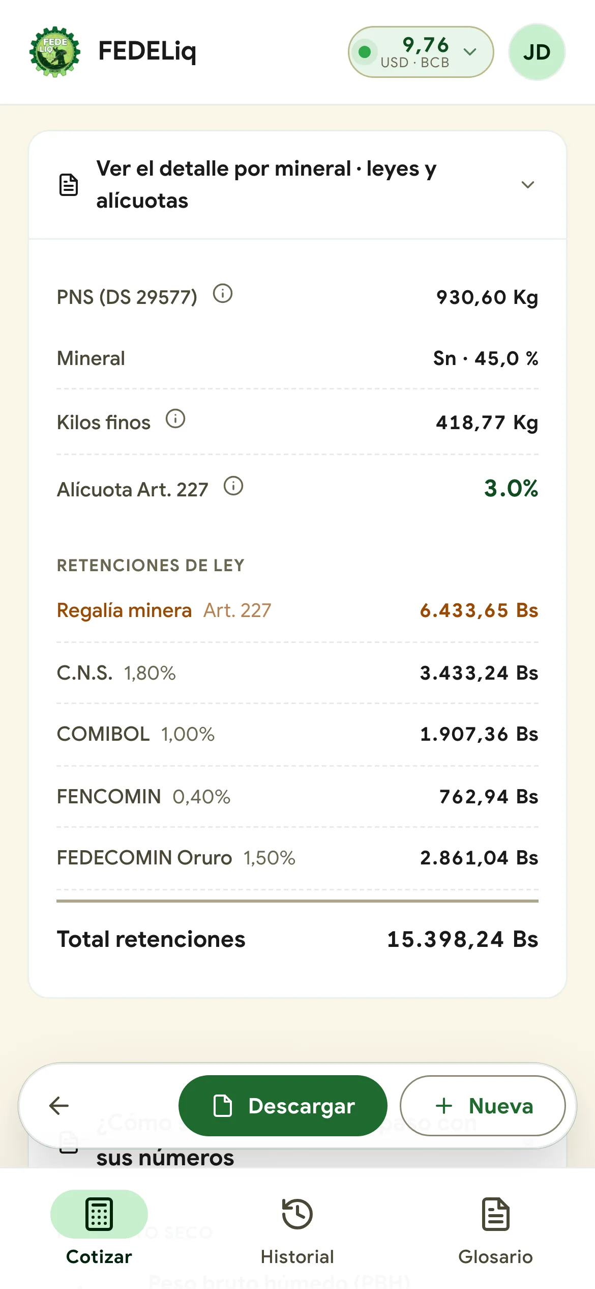 Paso 4: detalle por mineral y retenciones