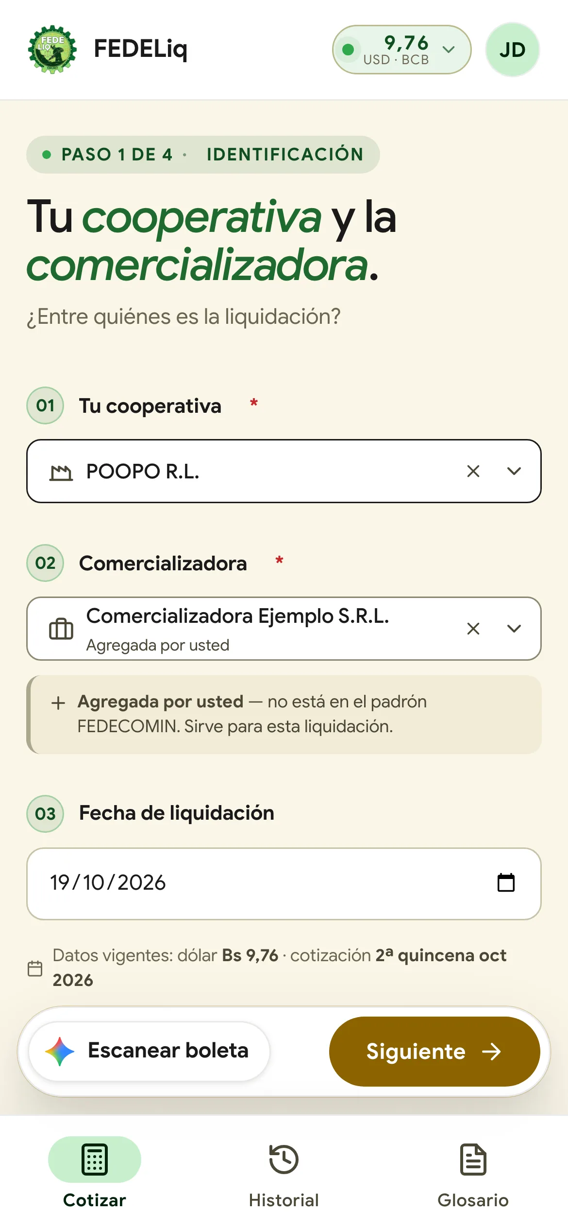 Paso 1: identificación de la cooperativa, la comercializadora y la fecha