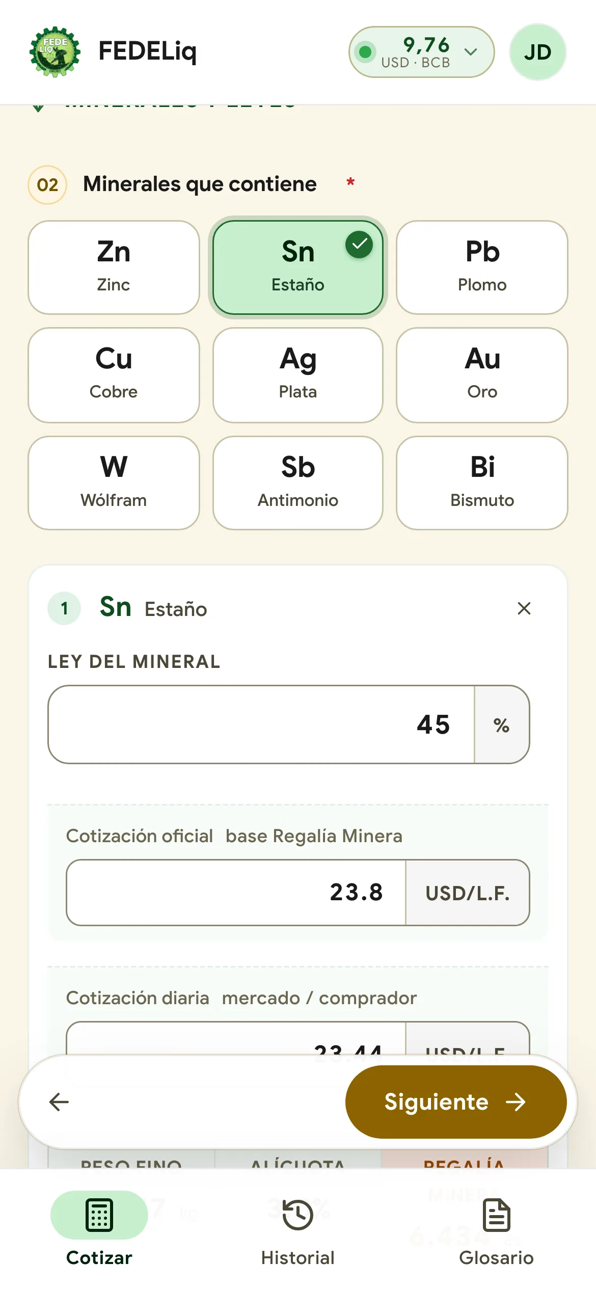 Paso 2: minerales de la carga y ley del estaño