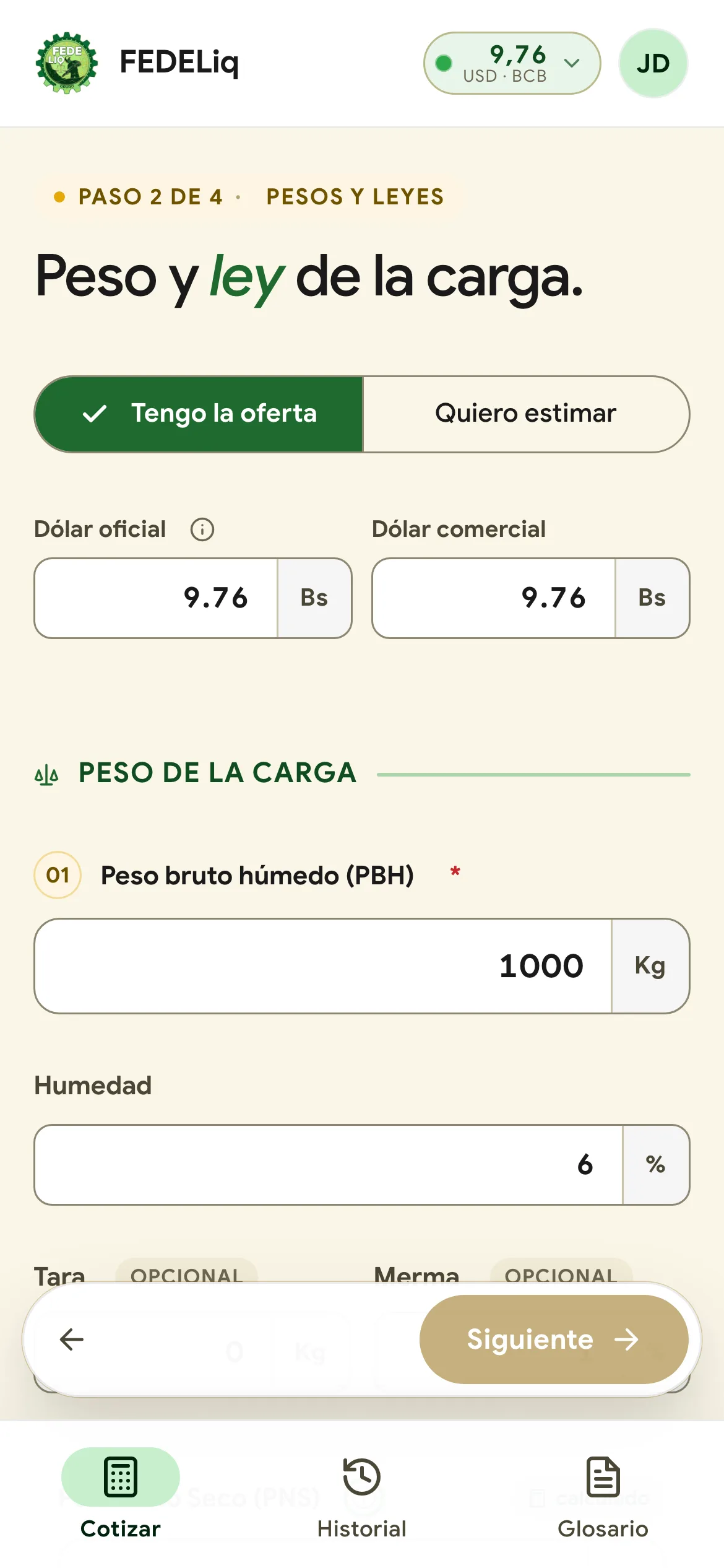 Paso 2: peso bruto húmedo, humedad y merma