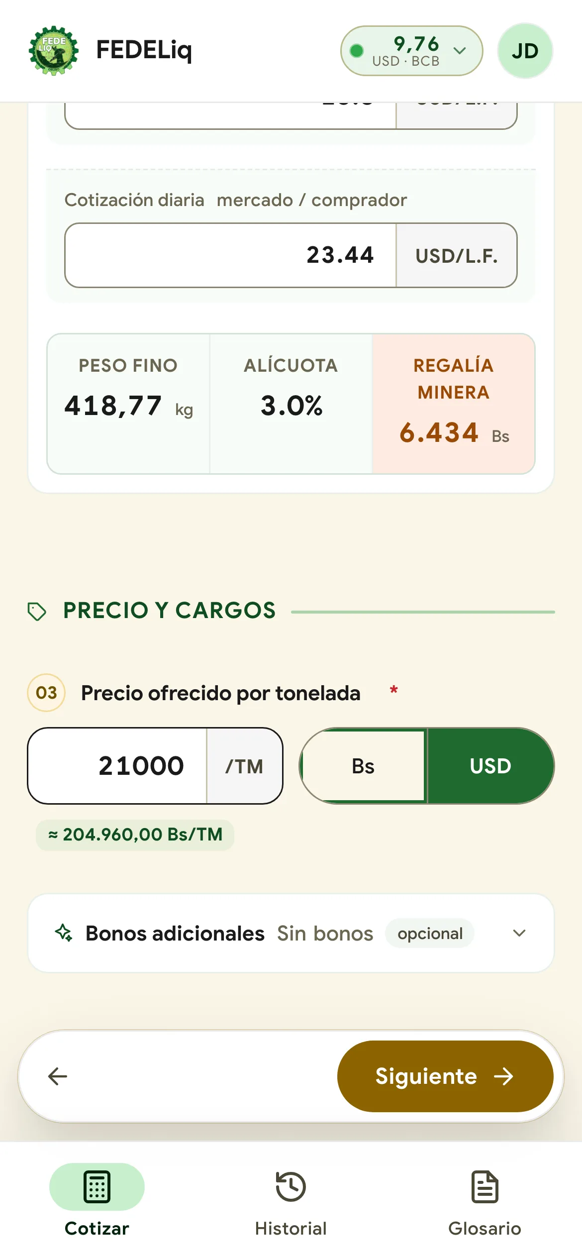 Paso 2: kilos finos, alícuota, regalía y precio ofrecido