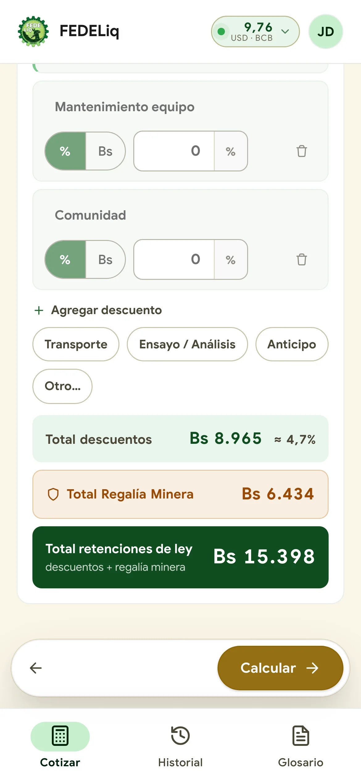 Paso 3: total de descuentos y regalía minera