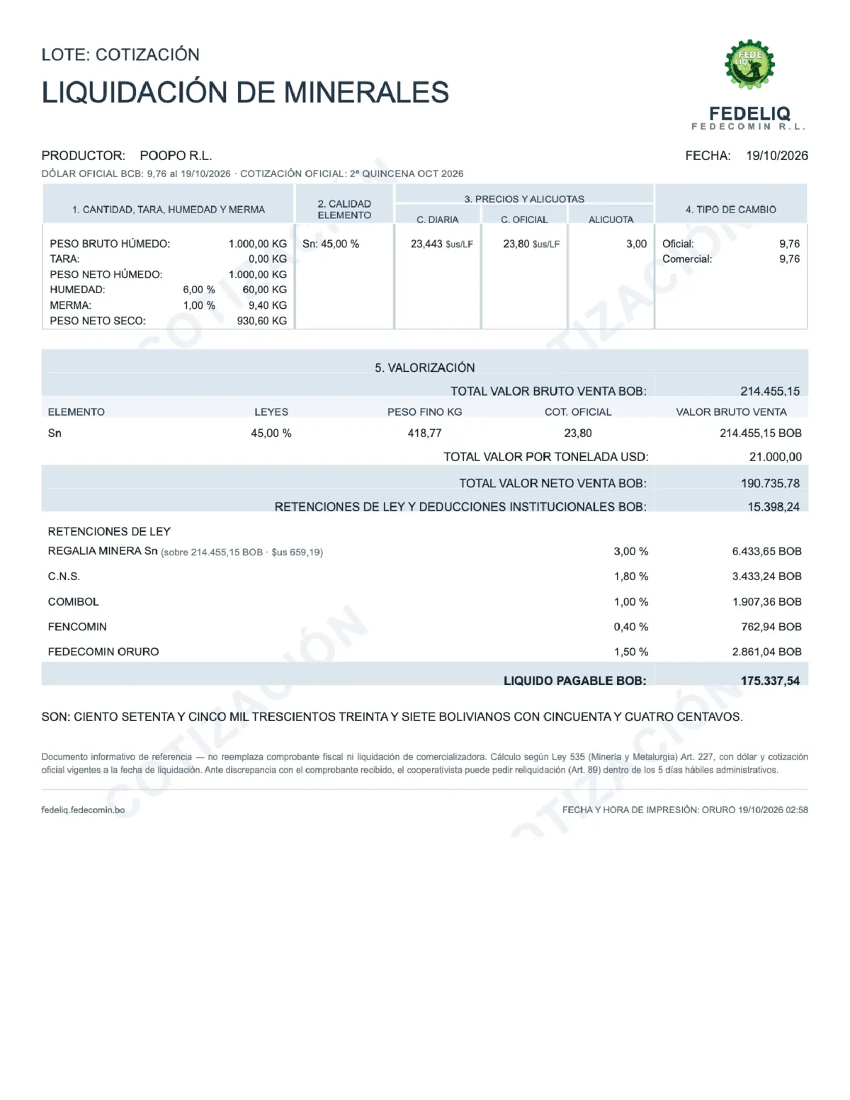 FEDELiq: boleta en PDF, formato liquidación de minerales