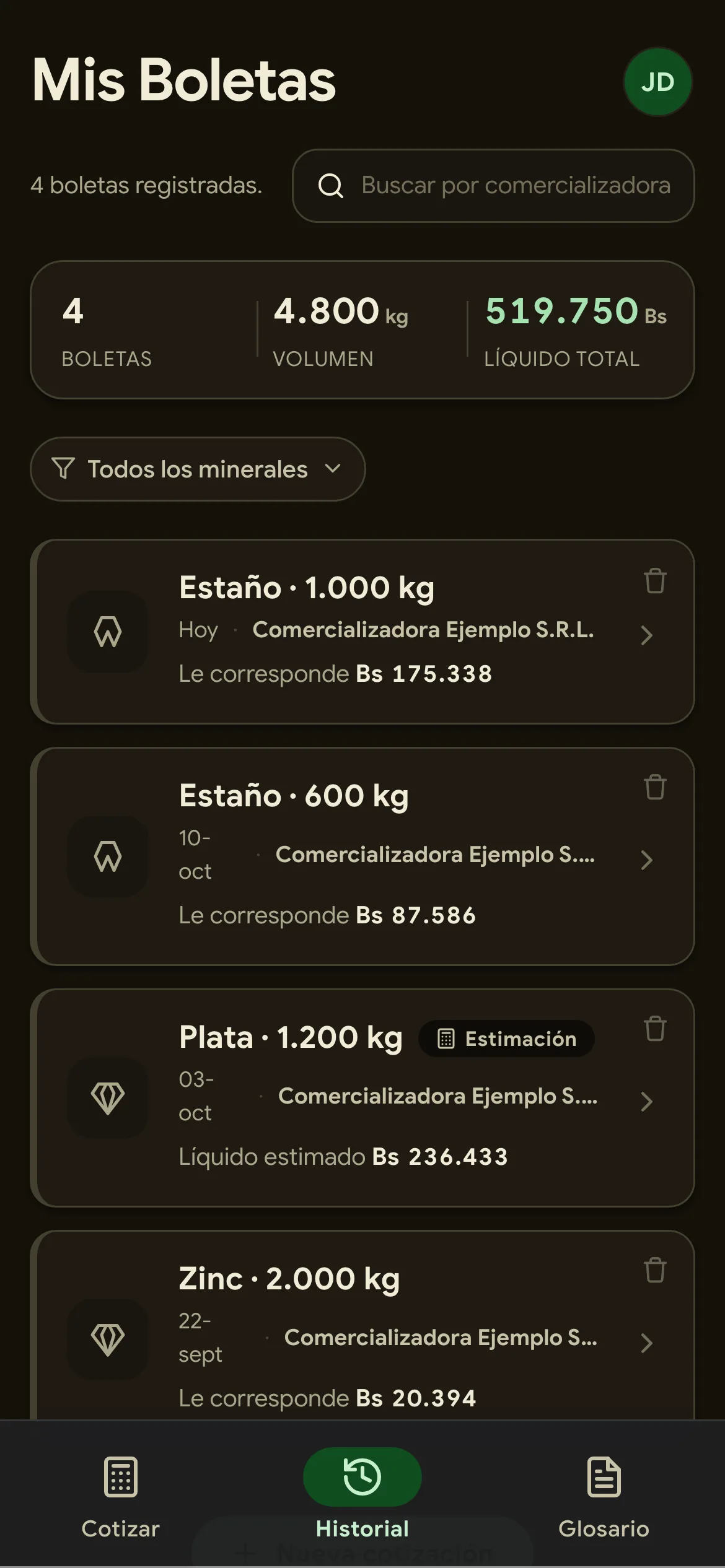 FEDELiq en modo oscuro: historial