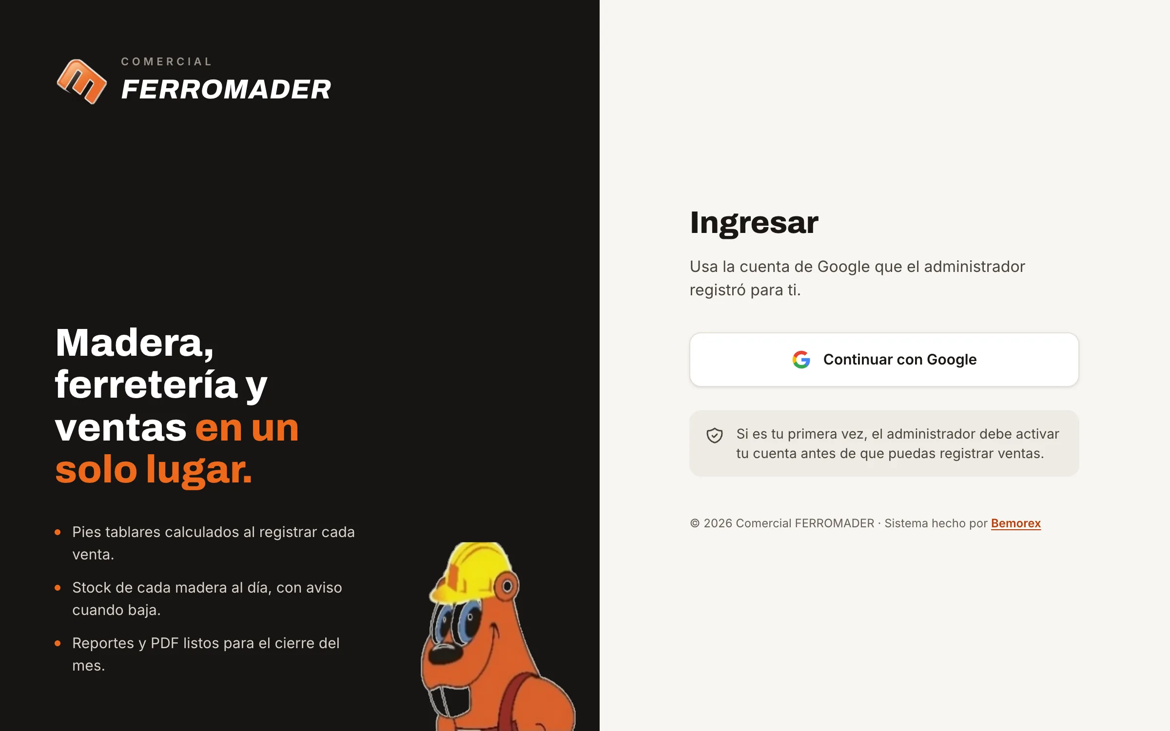 Ferromader: acceso con Google y el castor de la marca