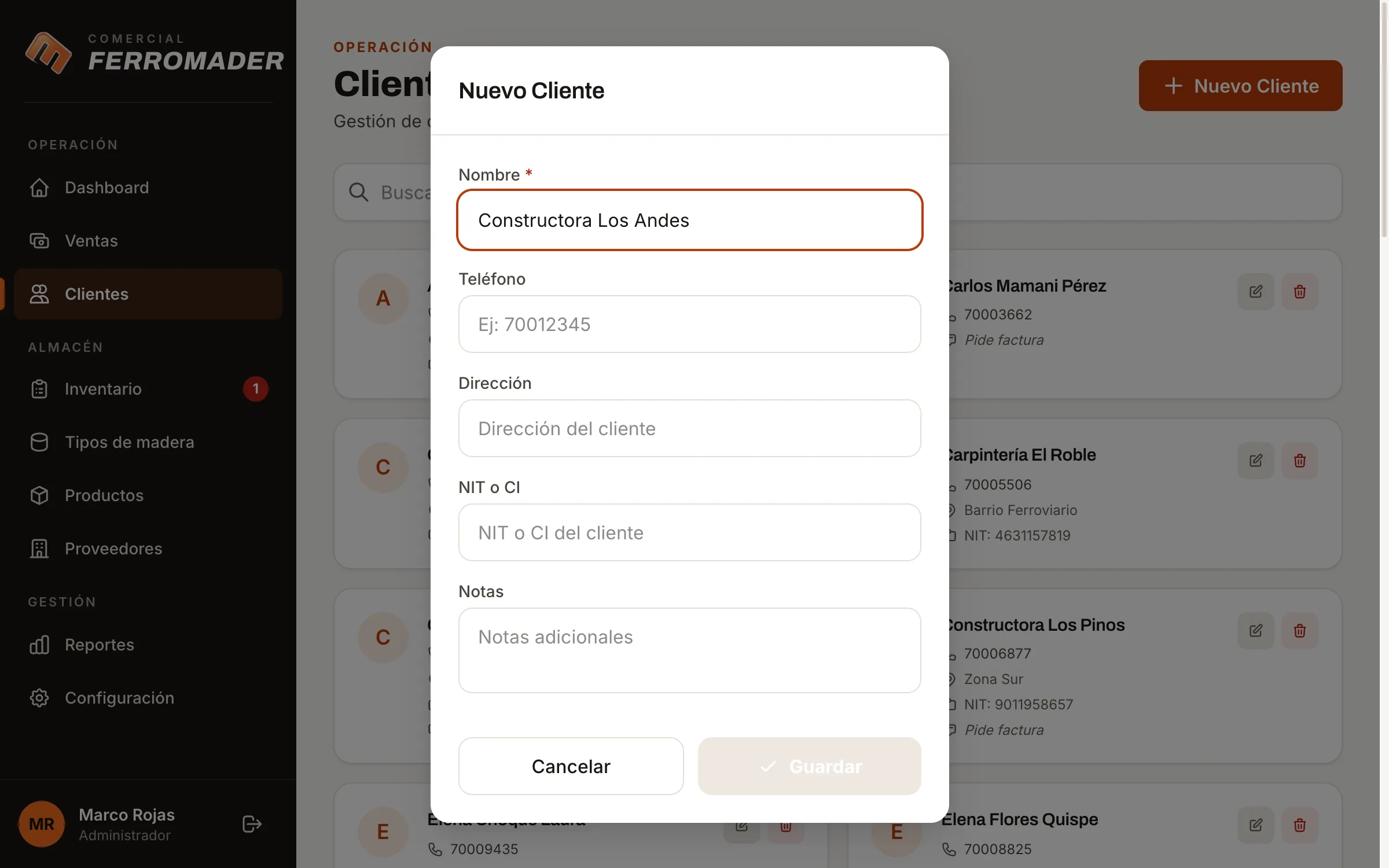 Ferromader: formulario de cliente