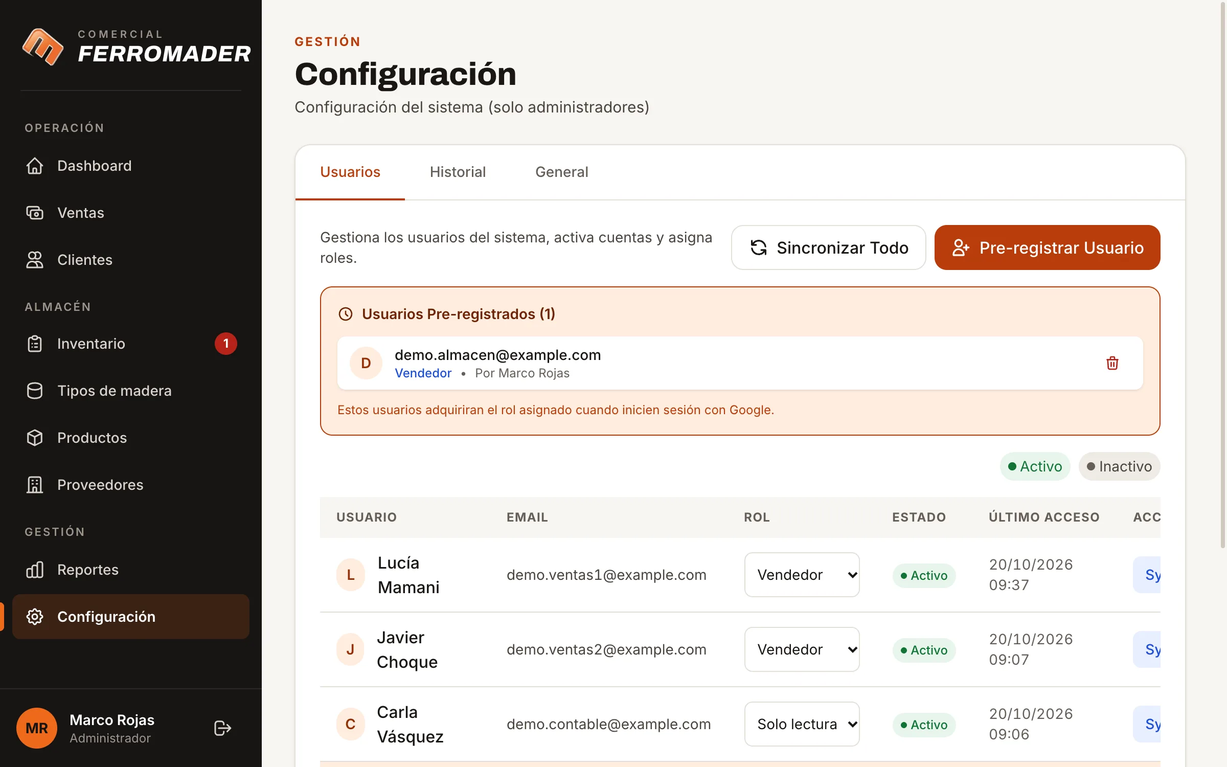 Ferromader: usuarios y permisos