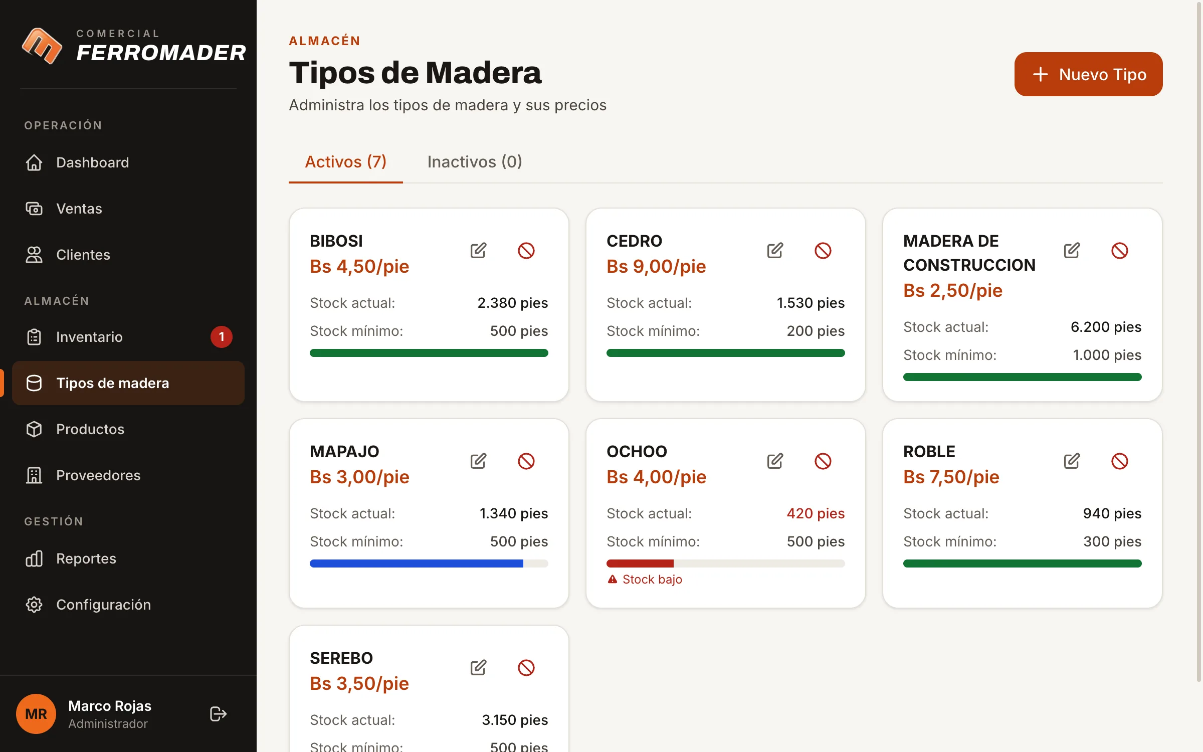 Ferromader: tipos de madera y precios por pie