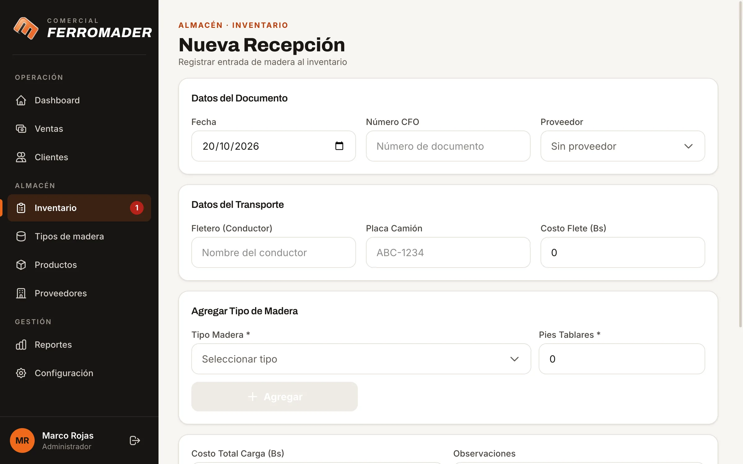Ferromader: registrar una recepción
