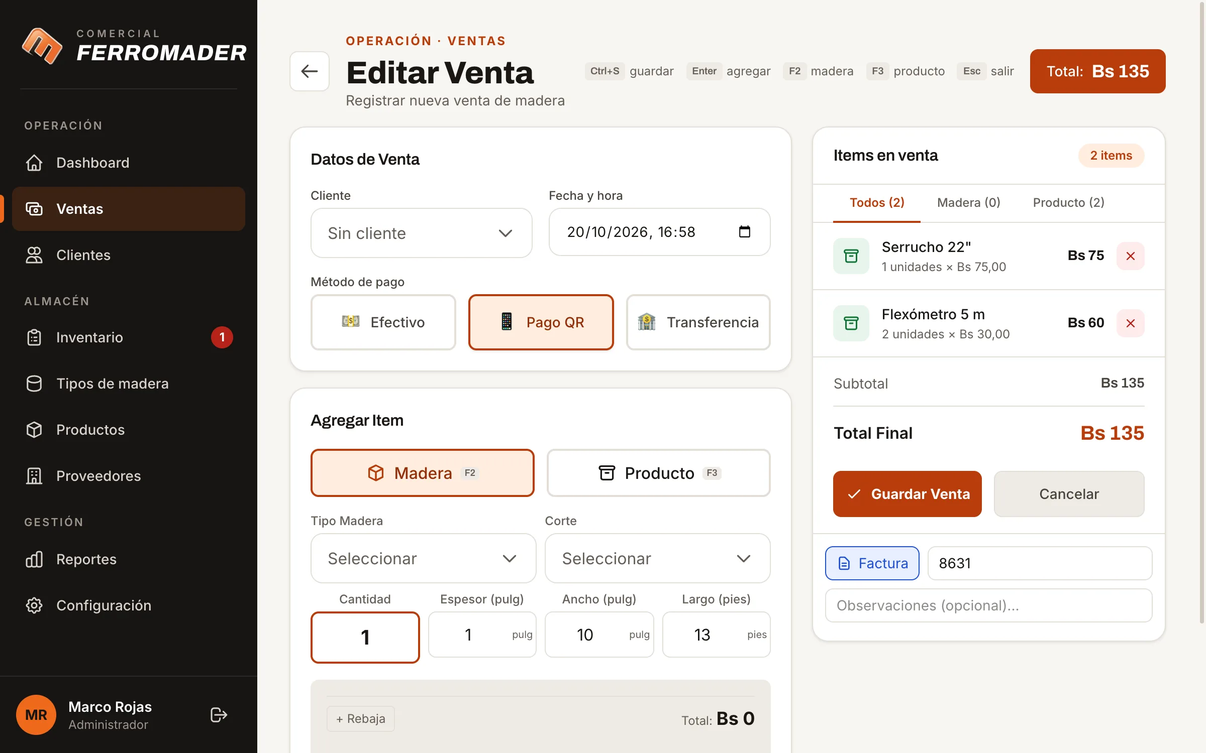 Ferromader: registrar una venta