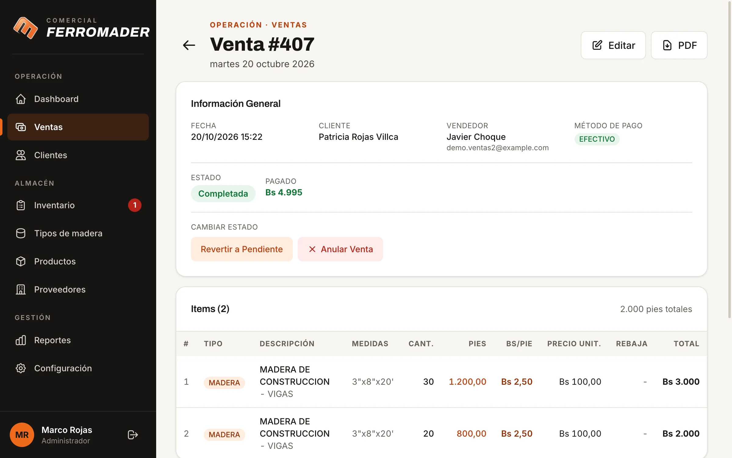 Ferromader: detalle de una venta