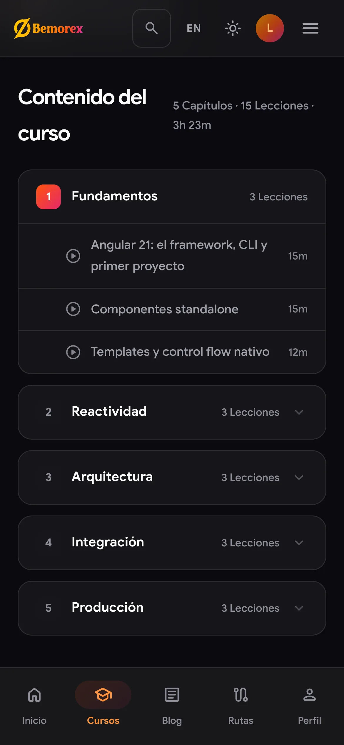 Bemorex Learn en el celular: temario del curso de Angular