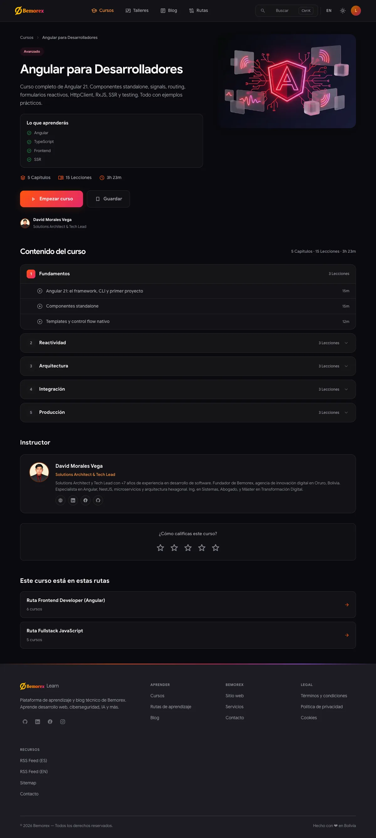 Bemorex Learn, página completa: ficha del curso de Angular completa