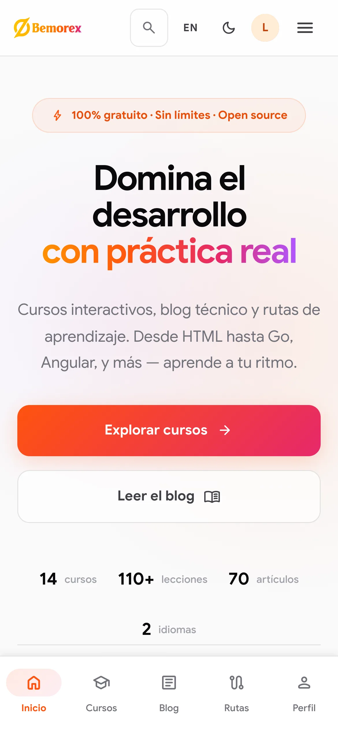 Bemorex Learn en modo claro: inicio