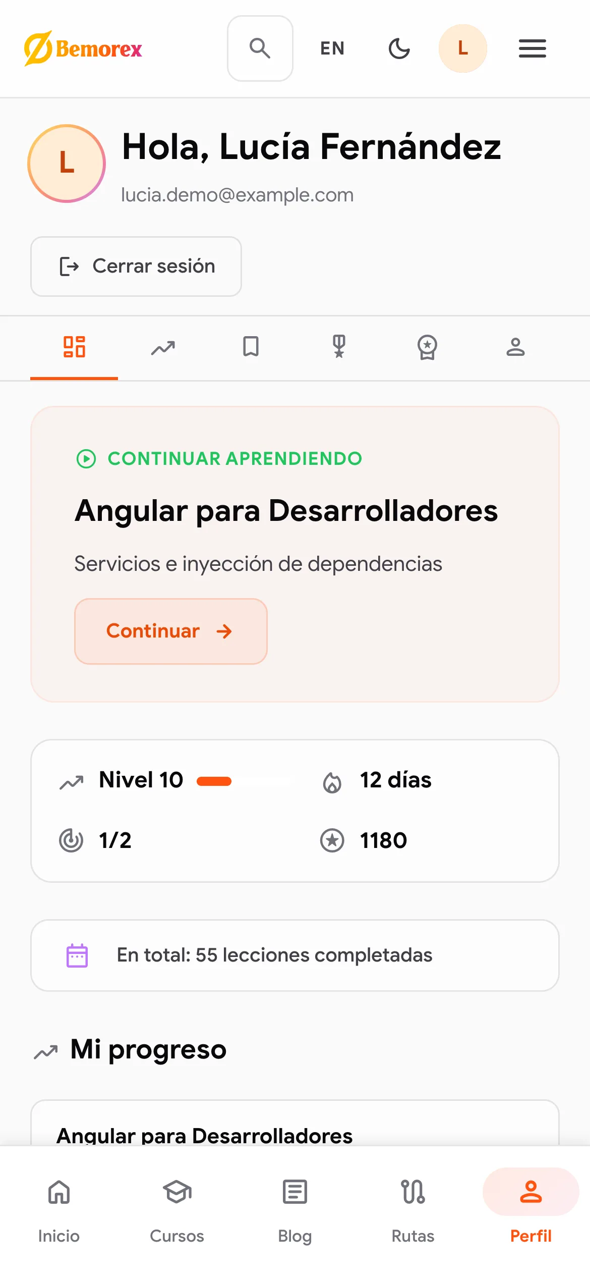 Bemorex Learn en modo claro: panel
