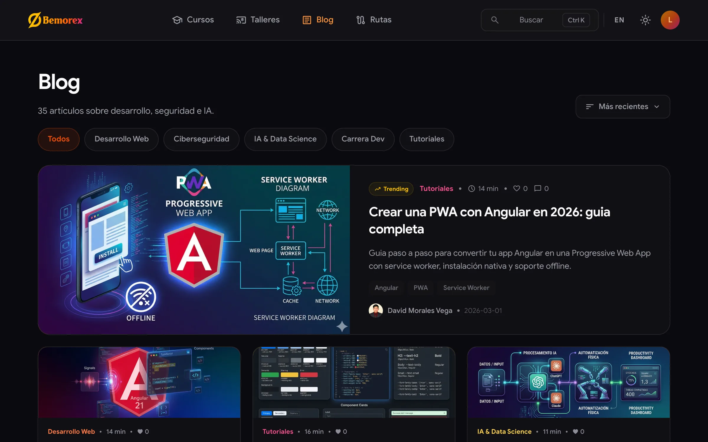 Bemorex Learn: blog técnico con categorías