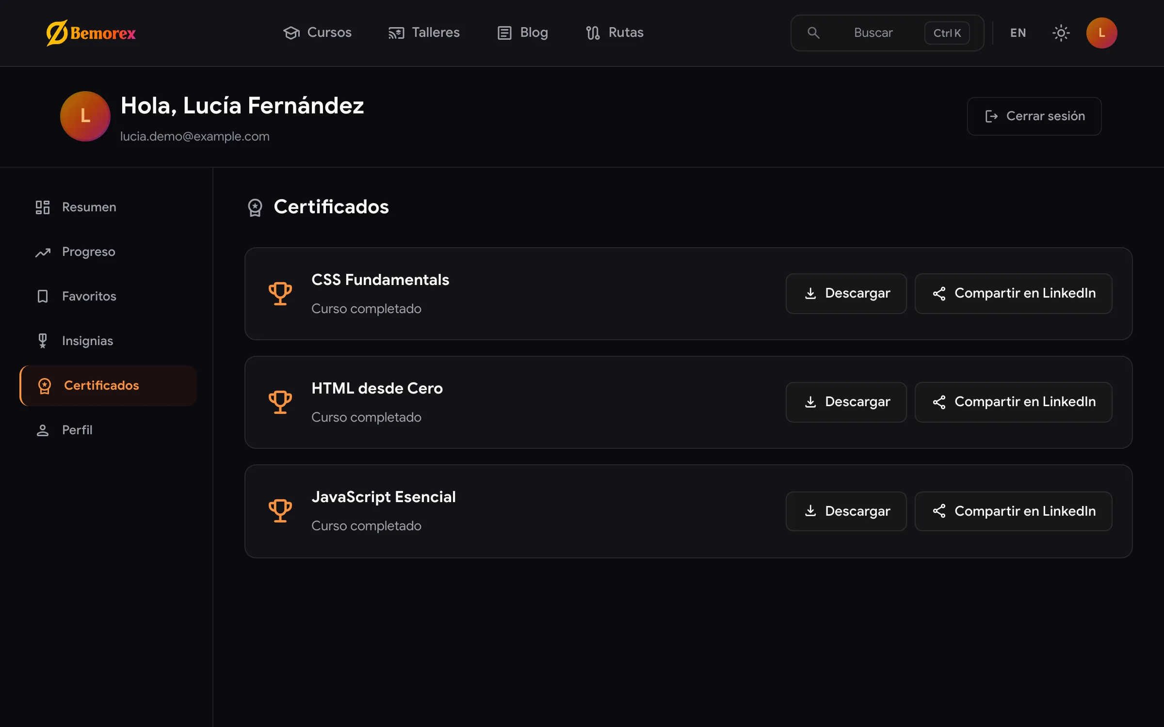 Bemorex Learn: certificados descargables