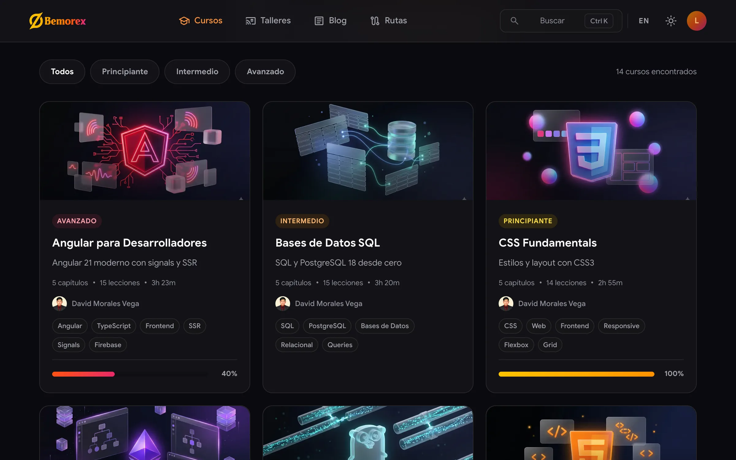 Bemorex Learn: catálogo de cursos con el progreso de la estudiante